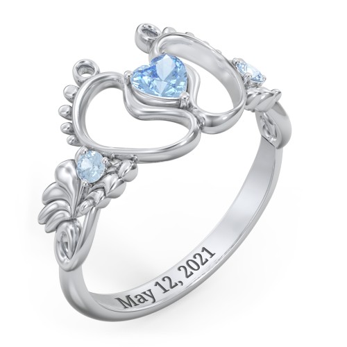 Baby Footprints Ring with Heart Cut Gemstone and Accents – Sterling Silver with Blue Topaz