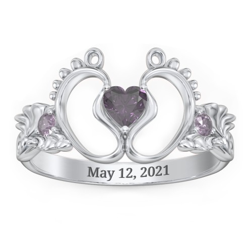 Baby Footprints Ring with Heart Cut Gemstone and Accents – Sterling Silver with Alexandrite