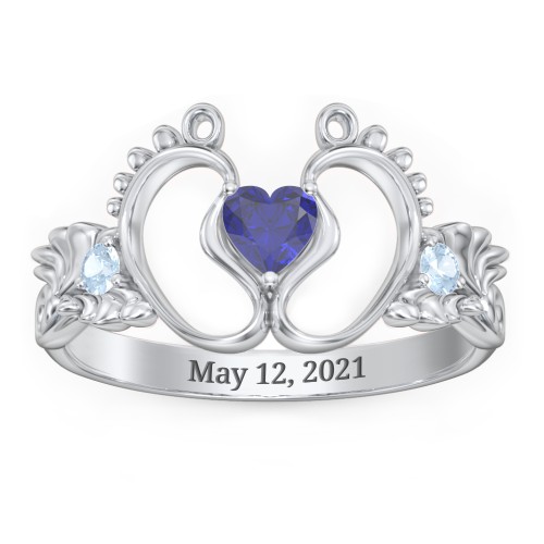 Baby Footprints Ring with Heart Cut Gemstone and Accents – Sterling Silver with Blue Sapphire and Blue Topaz