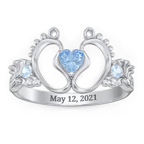 Baby Footprints Ring with Heart Cut Gemstone and Accents – Sterling Silver with Blue Topaz