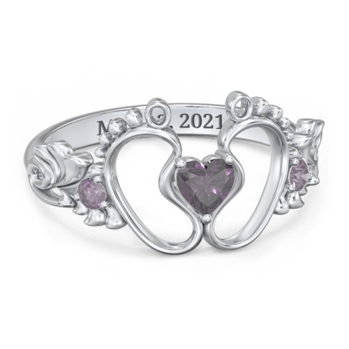 Baby Footprints Ring with Heart Cut Gemstone and Accents – Sterling Silver with Alexandrite