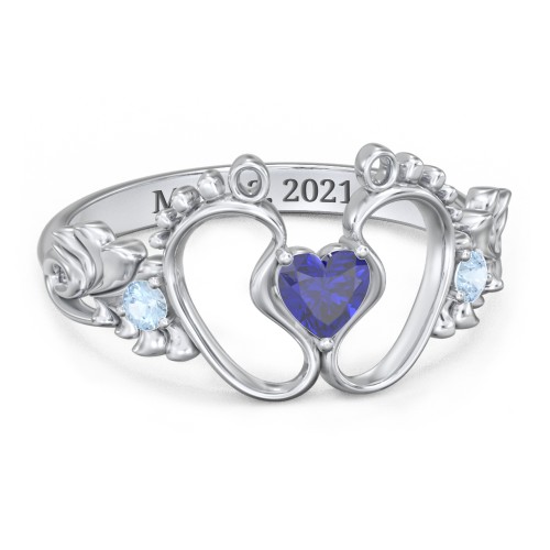 Baby Footprints Ring with Heart Cut Gemstone and Accents – Sterling Silver with Blue Sapphire and Blue Topaz