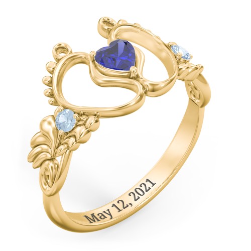 Baby Footprints Ring with Heart Cut Gemstone and Accents – 10K Yellow Gold with Blue Sapphire and Blue Topaz
