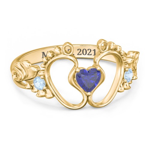 Baby Footprints Ring with Heart Cut Gemstone and Accents – 10K Yellow Gold with Blue Sapphire and Blue Topaz