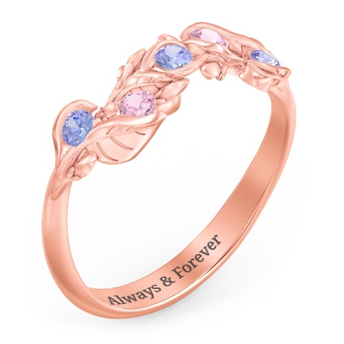 Organic Leaf Five Stone Family Ring – 10K Rose Gold with Tanzanite and Pink Tourmaline