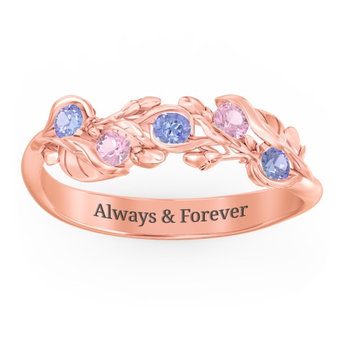Organic Leaf Five Stone Family Ring – 10K Rose Gold with Tanzanite and Pink Tourmaline