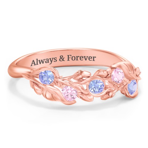 Organic Leaf Five Stone Family Ring – 10K Rose Gold with Tanzanite and Pink Tourmaline