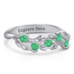 Organic Leaf Five Stone Family Ring in 925 Sterling Silver with Emerald
