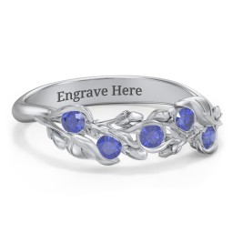 Organic Leaf Five Stone Family Ring in 925 Sterling Silver with Blue Sapphire