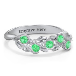 Organic Leaf Five Stone Family Ring in 925 Sterling Silver with Emerald