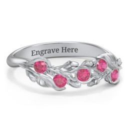 Organic Leaf Five Stone Family Ring in 925 Sterling Silver with Ruby