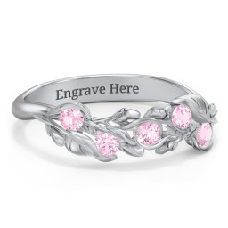 Organic Leaf Five Stone Family Ring in 925 Sterling Silver with Pink Tourmaline