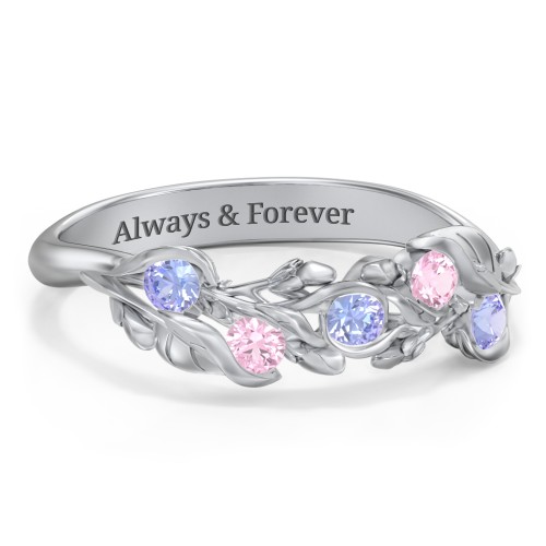 Organic Leaf Five Stone Family Ring – Sterling Silver with Tanzanite and Pink Tourmaline