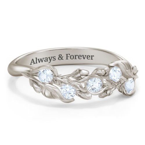 Organic Leaf Five Stone Family Ring – 10K White Gold with Aquamarine