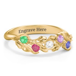 Organic Leaf Five Stone Family Ring in 10K Solid Yellow Gold with Emerald, Ruby, Cubic Zirconia, Amethyst, and Blue Sapphire