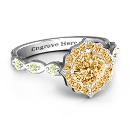 Vintage Glamour Ring With Accent Stones in 925 Sterling Silver with Fancy Yellow Premium Zirconia and Peridot