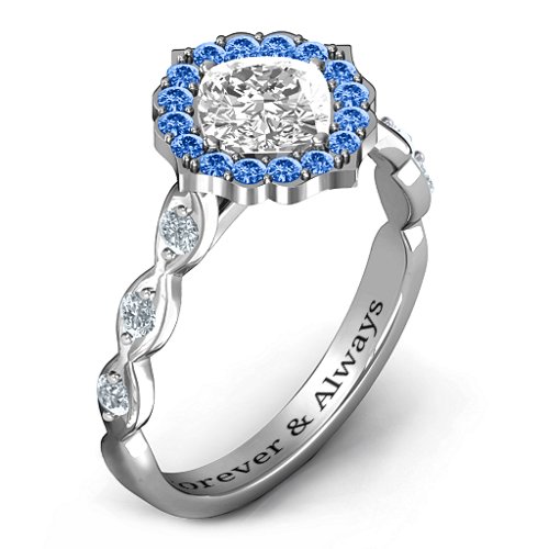 Vintage Glamour Ring With Accent Stones – Sterling Silver with White Premium Zirconia, Fancy Blue Premium Zirconia, and Cubic Zirconia