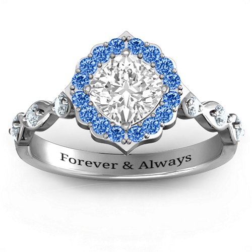 Vintage Glamour Ring With Accent Stones – Sterling Silver with White Premium Zirconia, Fancy Blue Premium Zirconia, and Cubic Zirconia