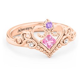 Fairytale Princess Tiara Ring in 10K Solid Rose Gold with Pink Tourmaline, Amethyst, and White Premium Zirconia