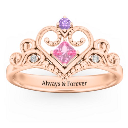 Fairytale Princess Tiara Ring – 10K Rose Gold with Pink Tourmaline, Amethyst, and White Premium Zirconia