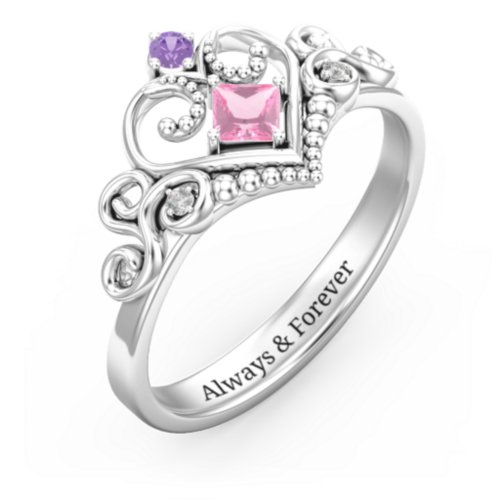 Fairytale Princess Tiara Ring – Sterling Silver with Pink Tourmaline, Amethyst, and White Premium Zirconia