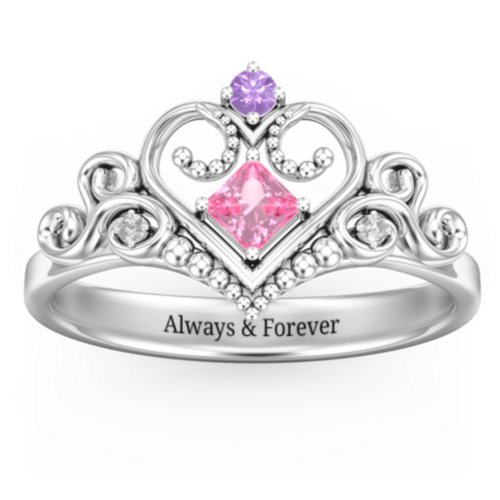 Fairytale Princess Tiara Ring – Sterling Silver with Pink Tourmaline, Amethyst, and White Premium Zirconia