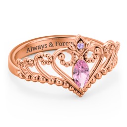Heart Tiara Ring with Marquise Gemstone in 10K Solid Rose Gold with Pink Tourmaline, Amethyst, and Cubic Zirconia