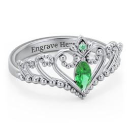 Heart Tiara Ring with Marquise Gemstone in 925 Sterling Silver with Emerald, Green Premium Zirconia, and Cubic Zirconia