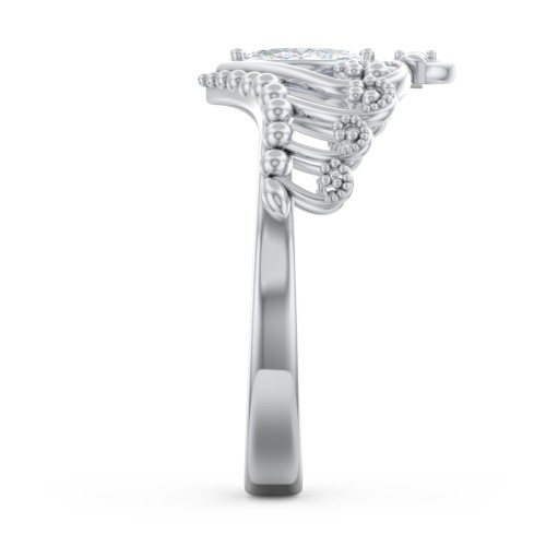 Heart Tiara Ring with Marquise Gemstone – Sterling Silver with Diamond