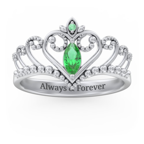 Heart Tiara Ring with Marquise Gemstone – Sterling Silver with Emerald and Green Premium Zirconia