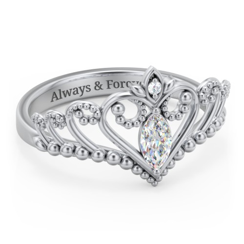 Heart Tiara Ring with Marquise Gemstone – Sterling Silver with Diamond