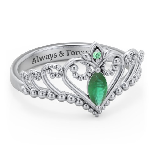 Heart Tiara Ring with Marquise Gemstone – Sterling Silver with Emerald and Green Premium Zirconia