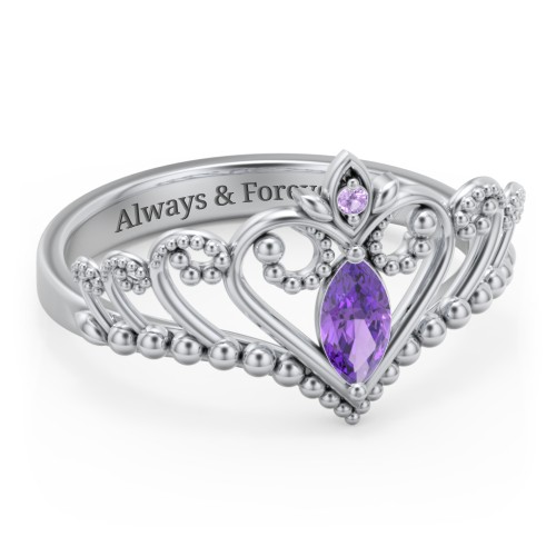 Heart Tiara Ring with Marquise Gemstone – Sterling Silver with Amethyst and Amethyst Premium Zirconia
