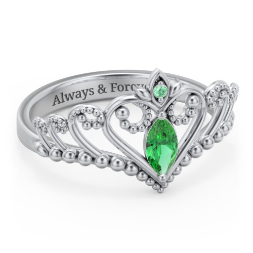 Heart Tiara Ring with Marquise Gemstone – Sterling Silver with Emerald and Green Premium Zirconia