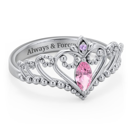 Heart Tiara Ring with Marquise Gemstone – Sterling Silver with Pink Tourmaline and Amethyst Premium Zirconia