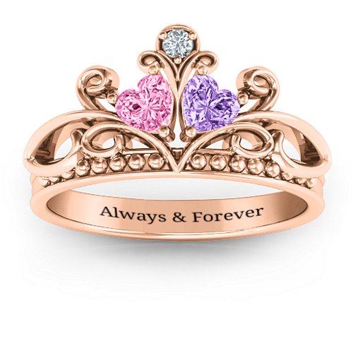 Ever Enchanted Double Heart Tiara Ring – 10K Rose Gold with Pink Tourmaline, Amethyst, and Cubic Zirconia