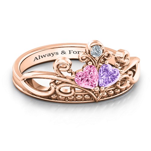 Ever Enchanted Double Heart Tiara Ring – 10K Rose Gold with Pink Tourmaline, Amethyst, and Cubic Zirconia