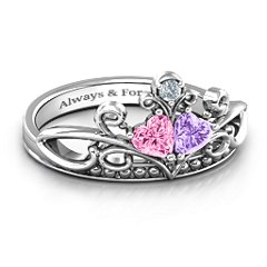 Ever Enchanted Double Heart Tiara Ring – Sterling Silver with Pink Tourmaline, Amethyst, and Cubic Zirconia