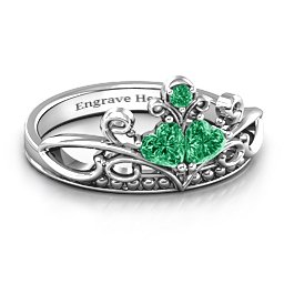 Ever Enchanted Double Heart Tiara Ring in 925 Sterling Silver with Emerald