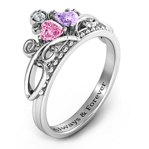 Ever Enchanted Double Heart Tiara Ring – Sterling Silver with Pink Tourmaline, Amethyst, and Cubic Zirconia