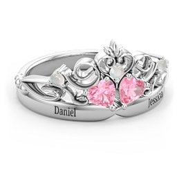 Engravable Double Heart Gemstone Tiara Ring with Accents