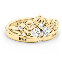 Engravable Double Heart Gemstone Tiara Ring with Accents