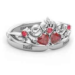 Engravable Double Heart Gemstone Tiara Ring with Accents