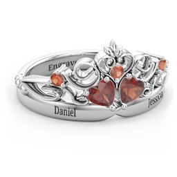 Engravable Double Heart Gemstone Tiara Ring with Accents