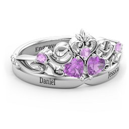 Engravable Double Heart Gemstone Tiara Ring with Accents
