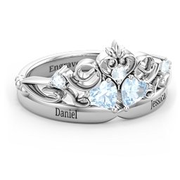 Engravable Double Heart Gemstone Tiara Ring with Accents