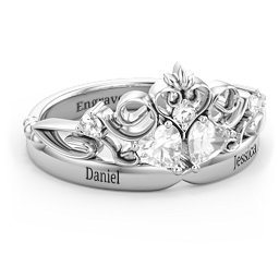 Engravable Double Heart Gemstone Tiara Ring with Accents