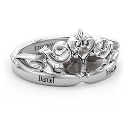 Engravable Double Heart Gemstone Tiara Ring with Accents