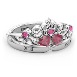 Engravable Double Heart Gemstone Tiara Ring with Accents