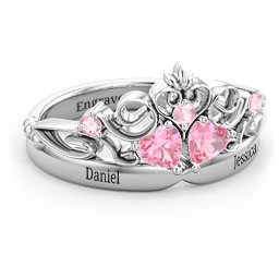Engravable Double Heart Gemstone Tiara Ring with Accents